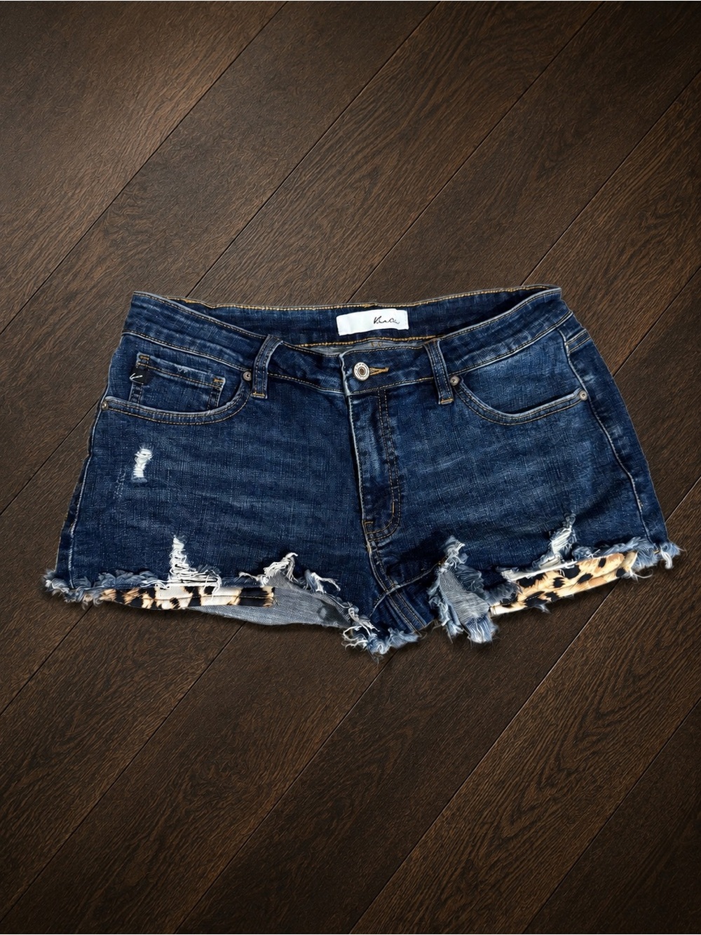 KanCan Dark Blue Distressed Denim Shorts with Leopard Trim